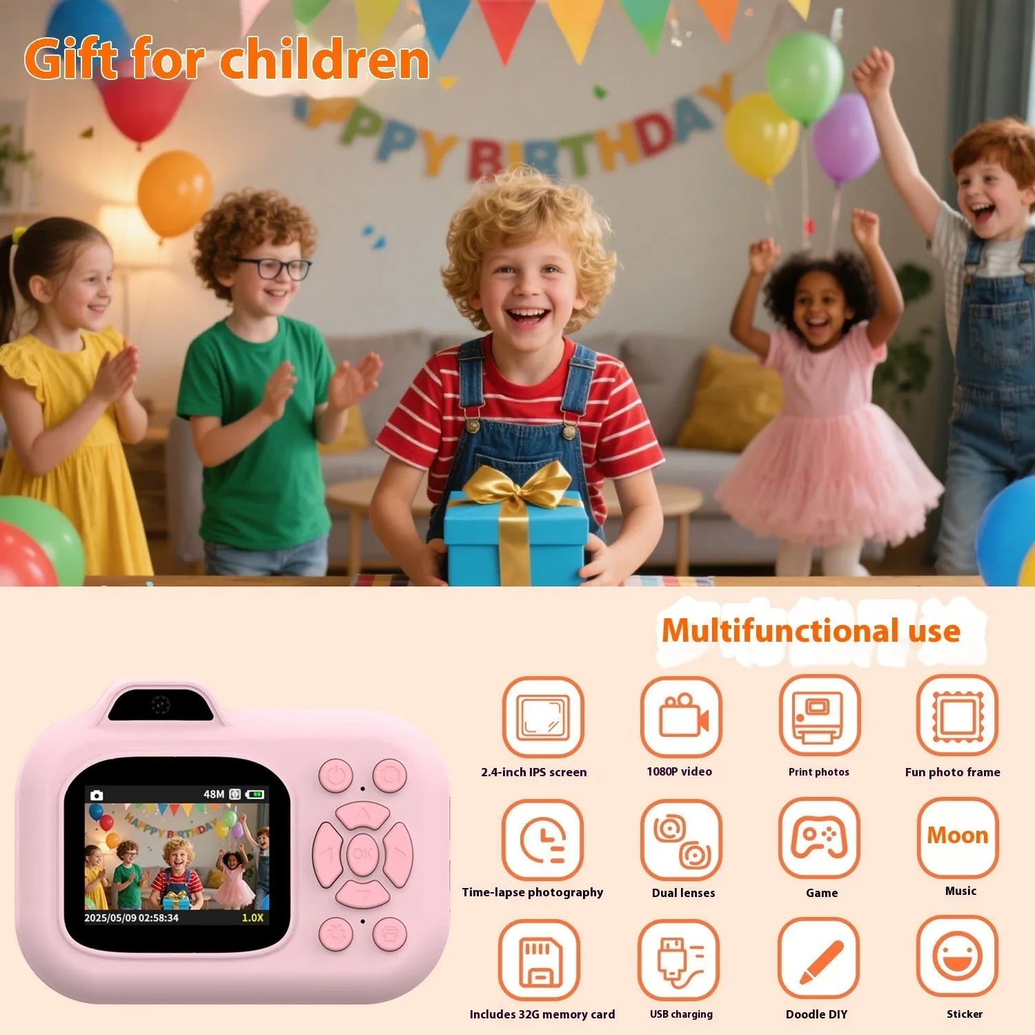 Children's digital toy camera in pink, blue, or purple colour with video, photo, game, and MP3 functions