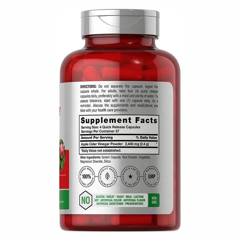 Bottle of apple cider vinegar capsules containing 150 tablets for dietary support