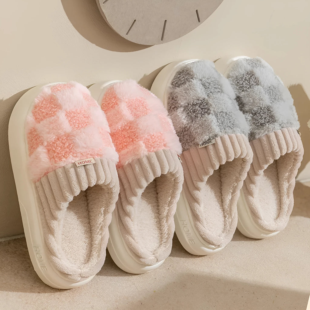 Women's plush indoor slippers in coffee colour with coral velvet upper and anti-slip PVC sole.