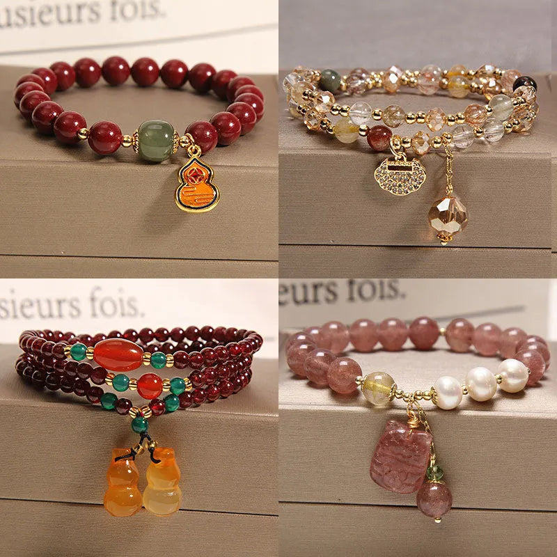 Korean style multi-layer crystal bracelet with natural garnet and assorted gemstone pendants in various colours