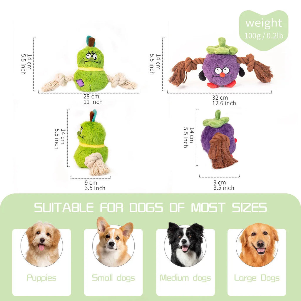 Green and purple plush rope knot dog toy with molar tooth shape for tug of war games.