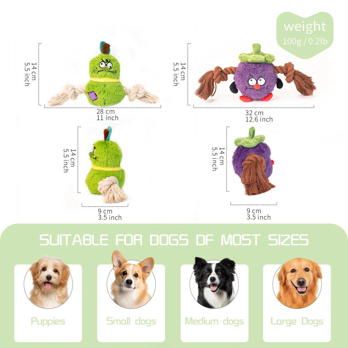 Green and purple plush rope knot dog toy with molar tooth shape for tug of war games.