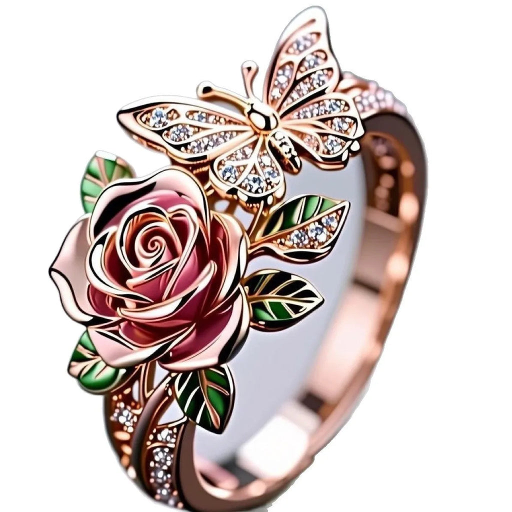 Adjustable fairy style ring with colourful oil-drip finish showing butterfly and rose motifs