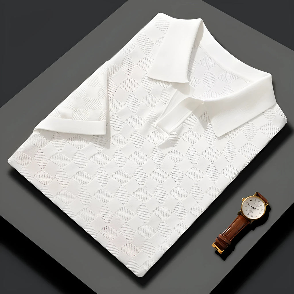 Men's short sleeve lapel sweater in mulberry silk, shown in a solid colour with a jacquard texture.