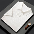 Men's short sleeve lapel sweater in mulberry silk, shown in a solid colour with a jacquard texture.