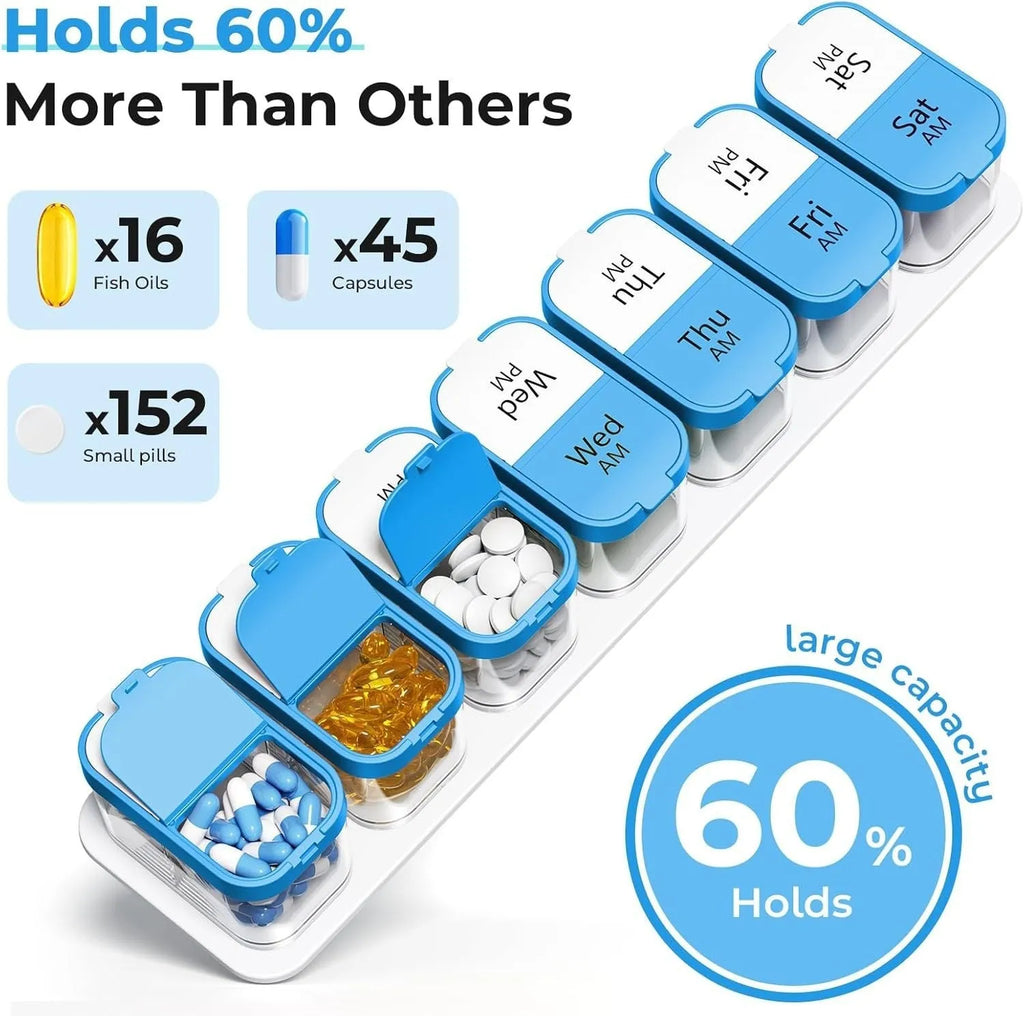 Extra large white and rainbow coloured 14-compartment pill box organiser with removable sections
