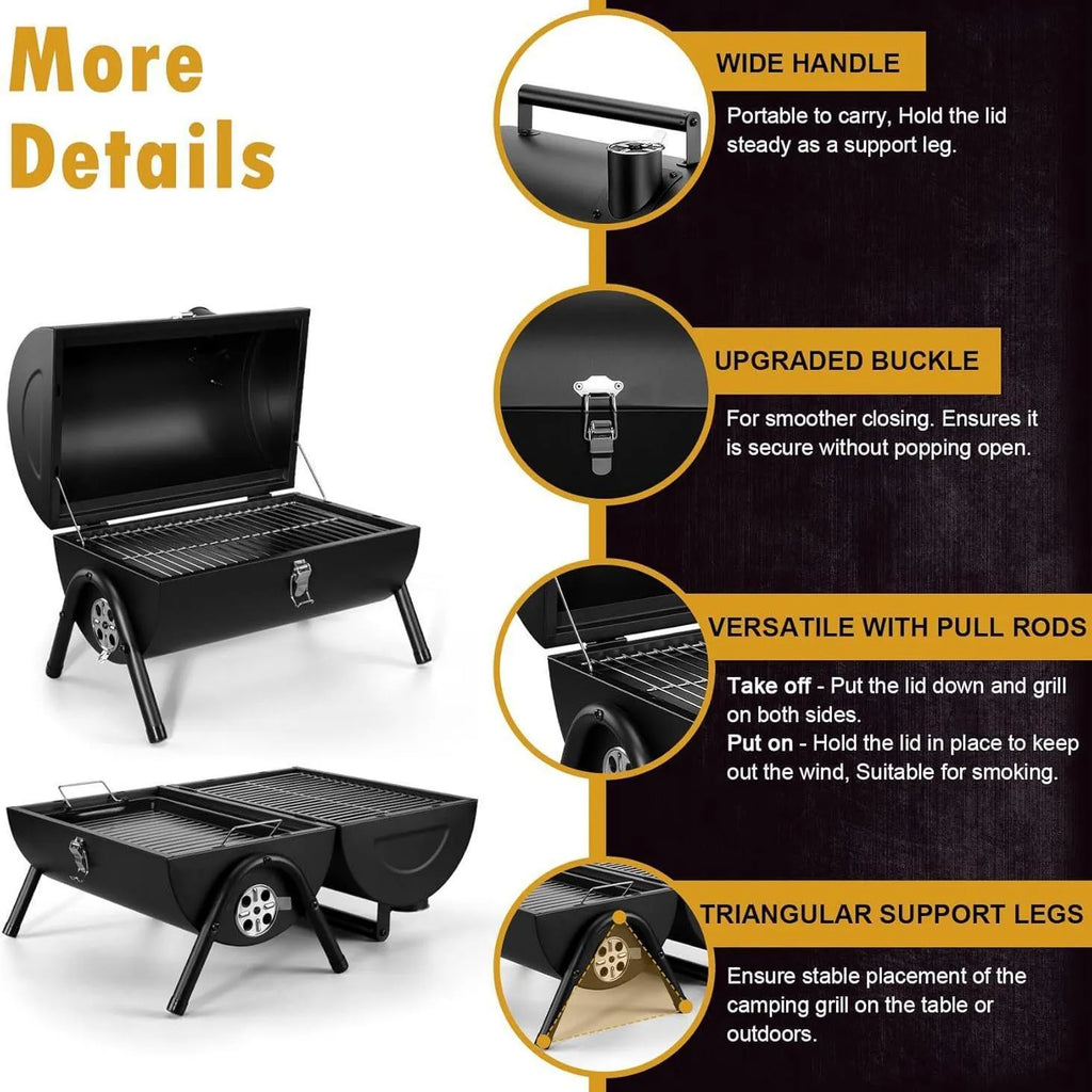 Small portable folding desktop charcoal barbecue grill with a metal cooking surface.
