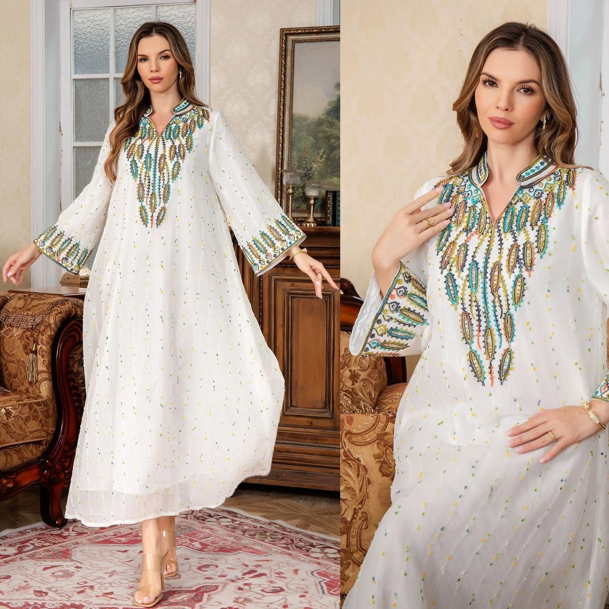 White Arabic robe with long sleeves and floor-length skirt, traditional kaftan design