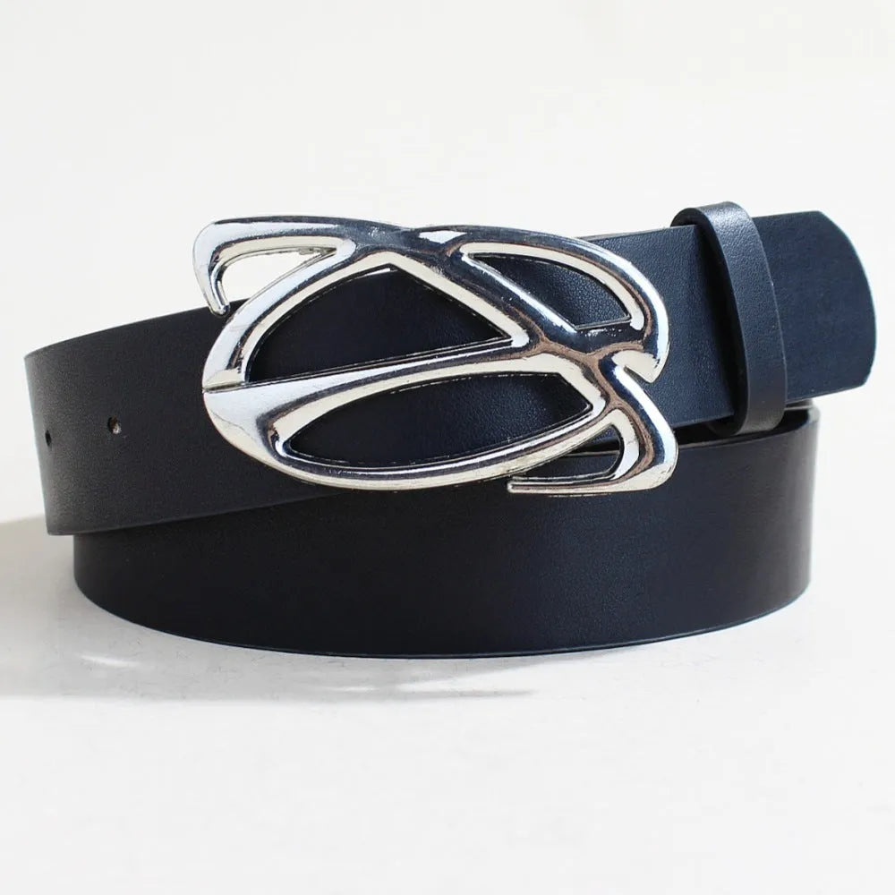 Casual silver buckle belt with PU leather strap showing snap button closure.