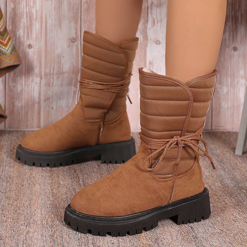 Women's black suede chunky heel snow boots with lace-up design and fleece lining