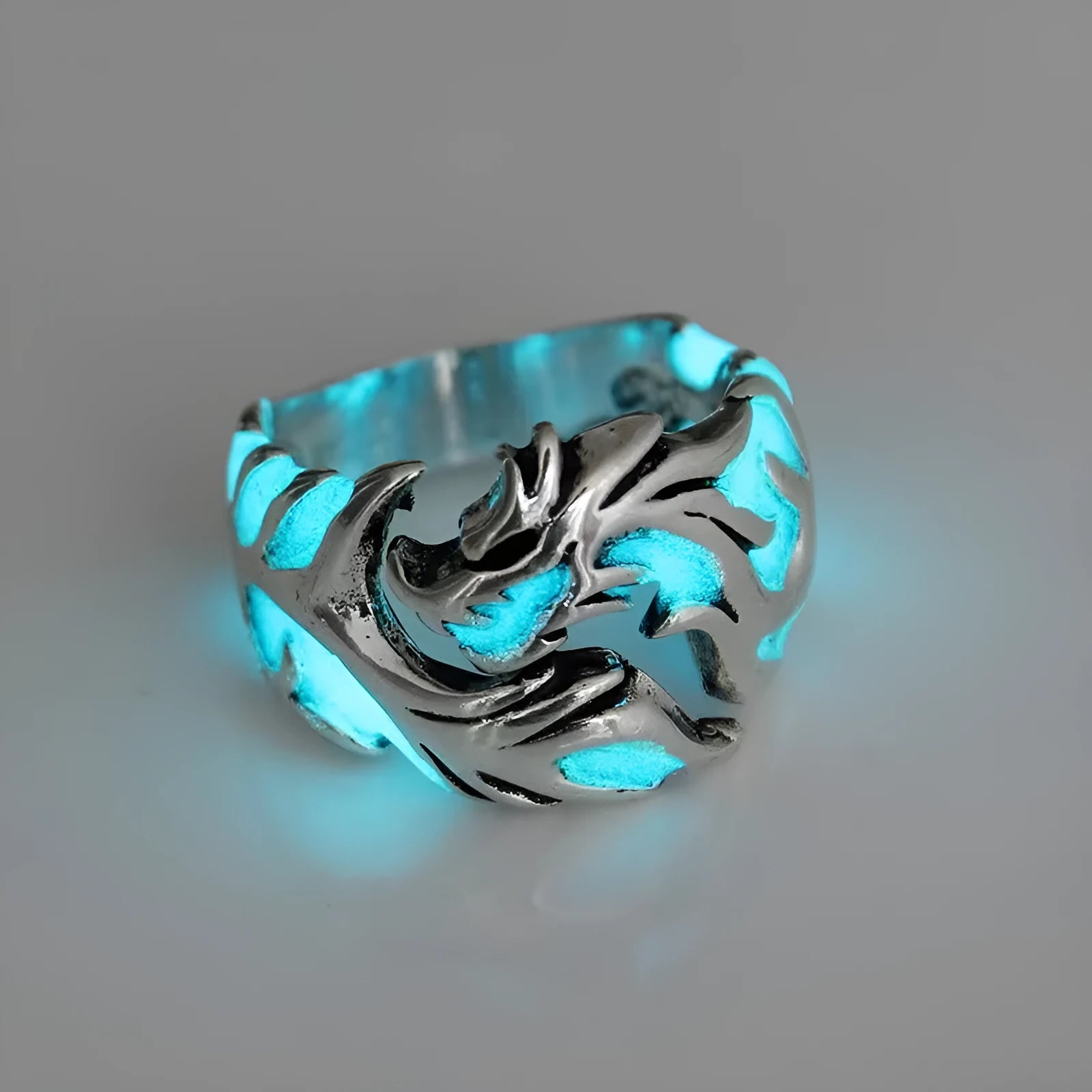 Adjustable luminous dragon pattern ring in archaism silver blue and green colours
