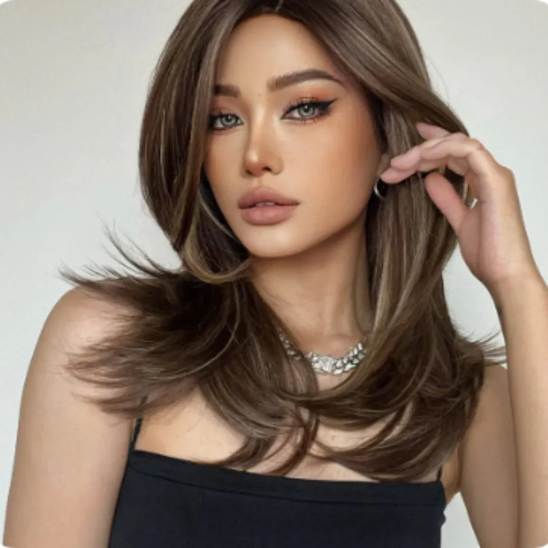 Mid-length platinum gradient curly synthetic wig with long bangs in Star Fashion style.