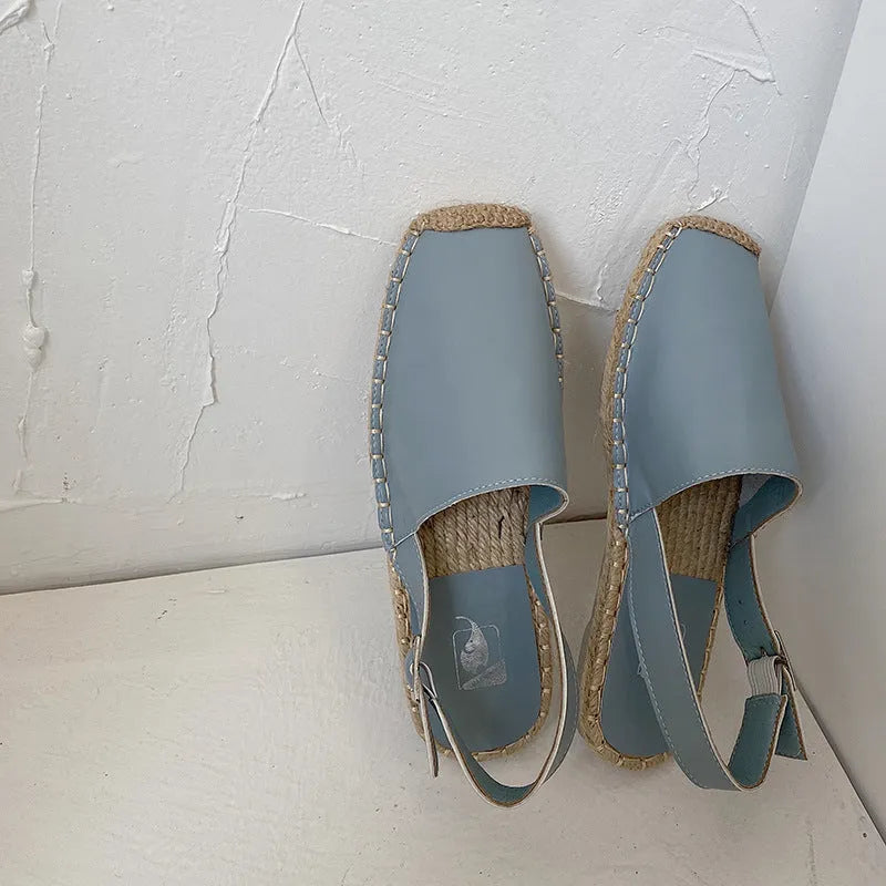 Women's beige retro flat sandals with canvas upper and animal pattern