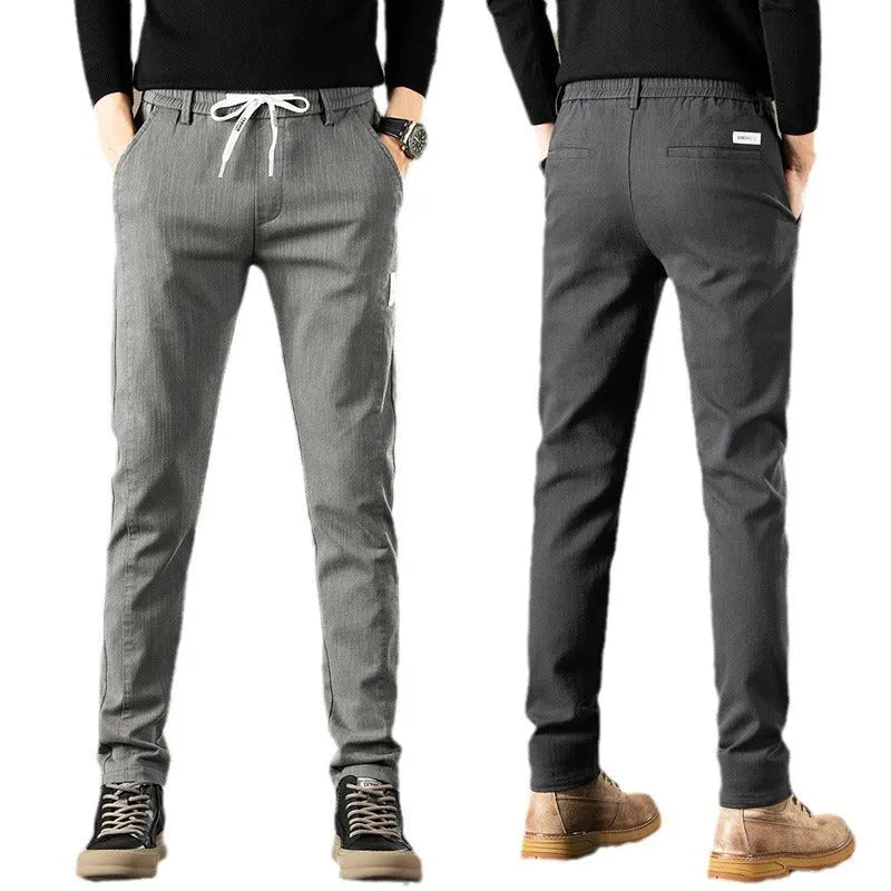 Loose straight cotton casual pants in solid colour with mid waist drawstring, sizes 28-38