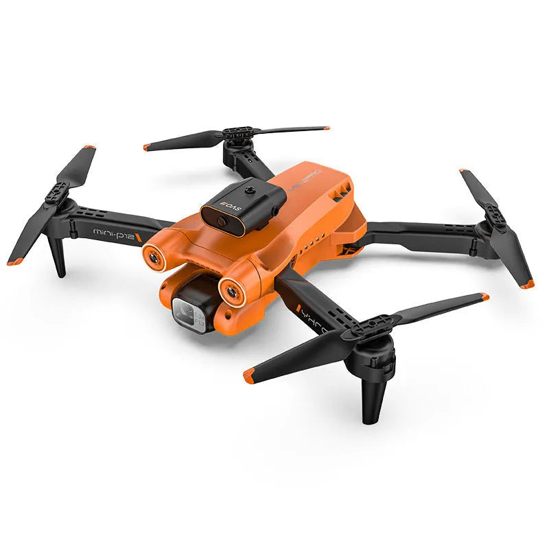 Black and orange remote-controlled quadcopter drone with camera mounted and folding arms