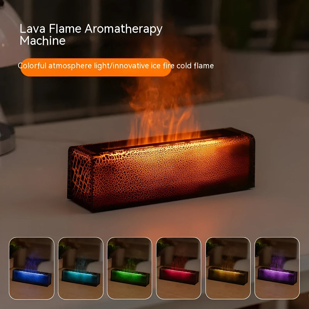 Square desktop aroma diffuser humidifier with colourful flame LED lighting effect