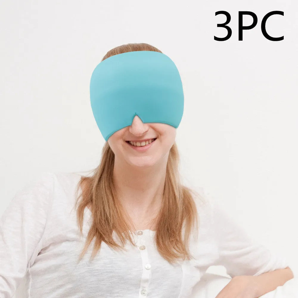 Black elastic cloth gel eye mask for headache relief showing adjustable design