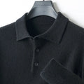 Men's woollen polo collar pullover sweater in a neutral colour showing long sleeves and textured collage stitching.