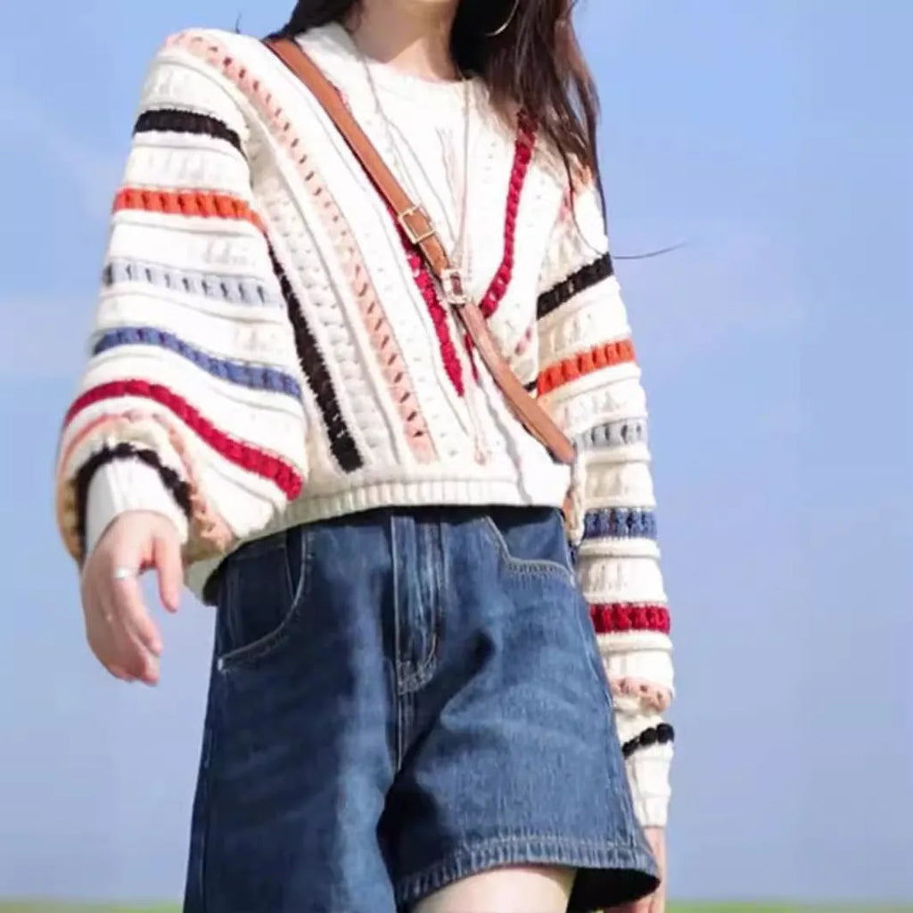 Rainbow striped batwing sleeve pullover sweater with hollow knit design