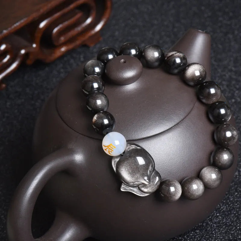 Obsidian stone bracelet with 10mm beads in national style design