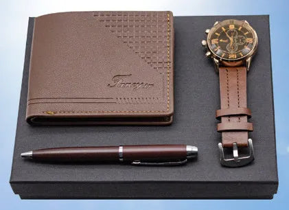 4-piece business gift set containing watch wallet and pen in brown or black gift box