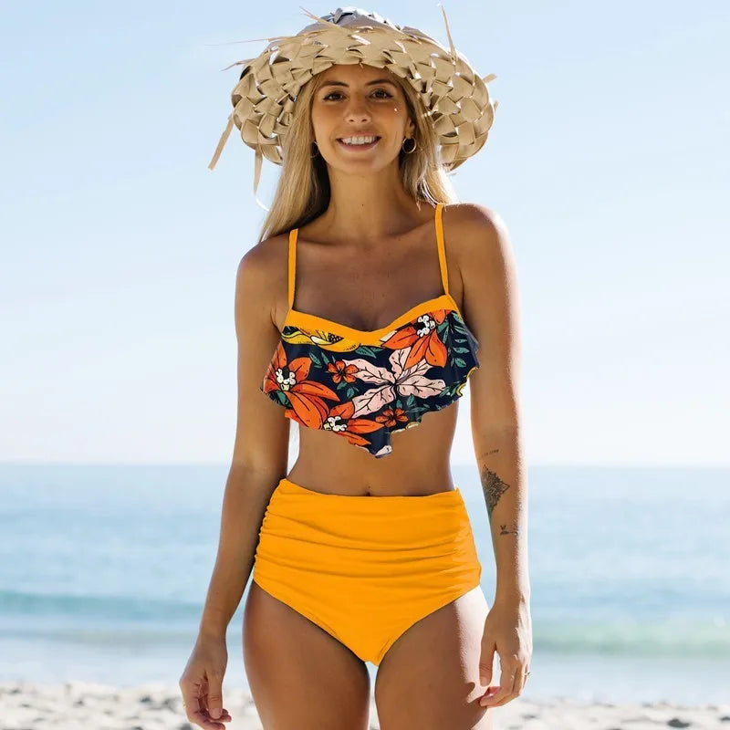 Green and blue women's pleated pants floral high-waist bikini swimsuit for fitness and swimming