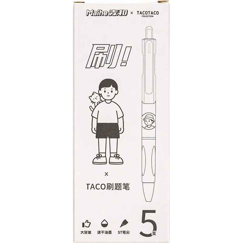 Five black ballpoint pens with 0.5mm tips arranged together