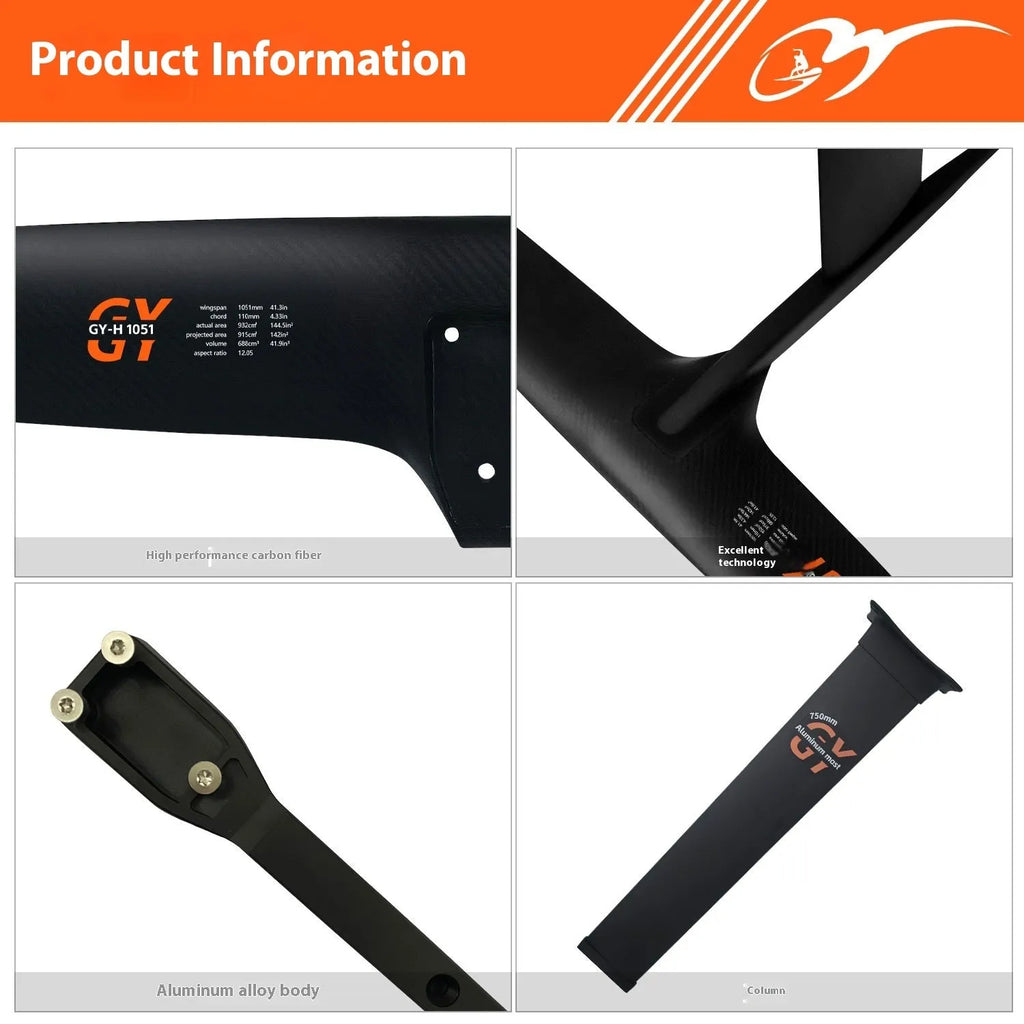 Black carbon fibre surfing hydrofoil with 1051mm front wing and aluminium alloy construction