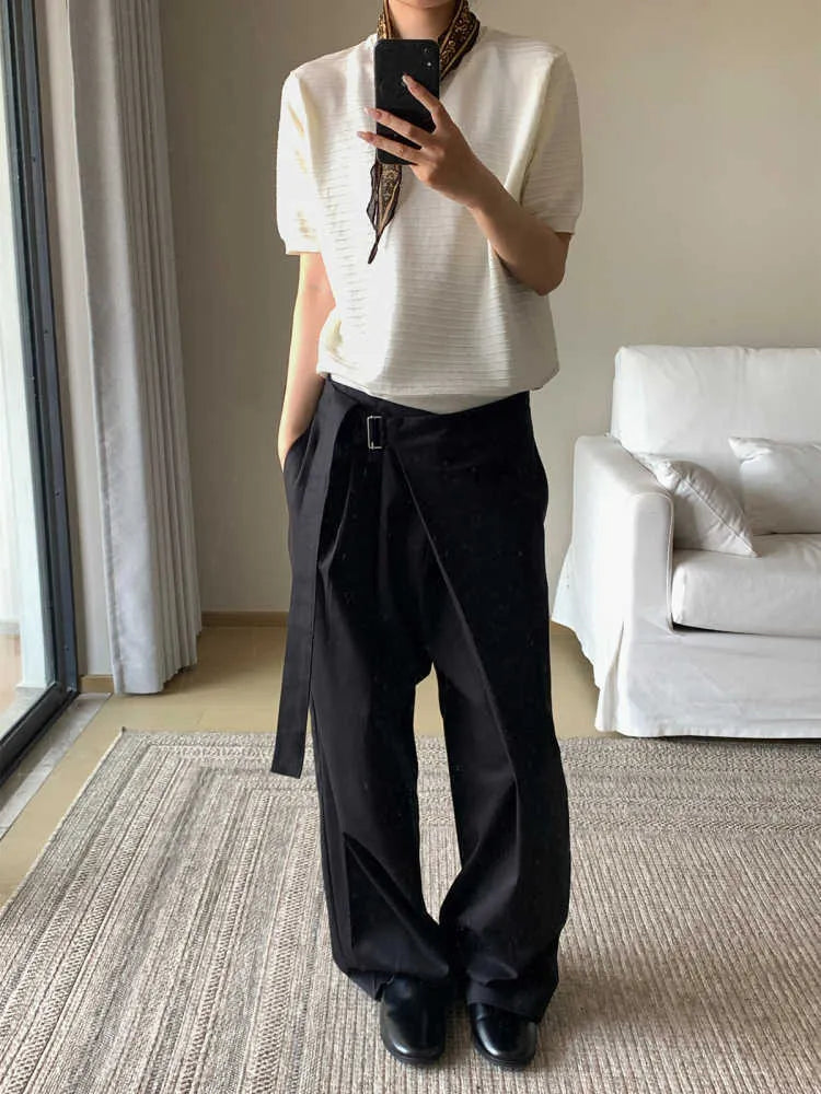Black straight-leg trousers with single pleat front and adjustable mid waist