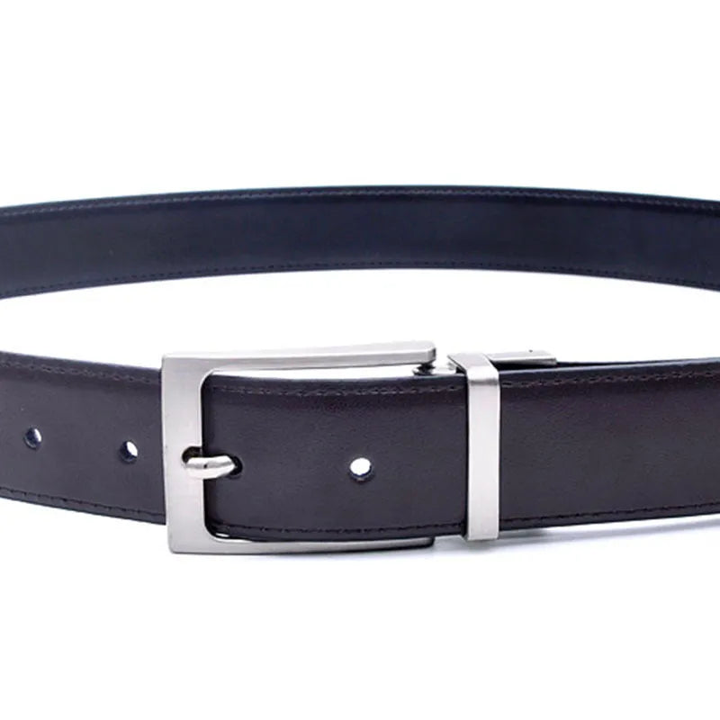 Men's brown and black genuine cowhide leather belt with a rotating alloy pin buckle