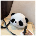 Plush panda head design crossbody bag showing cylindrical shape and sandwich pocket