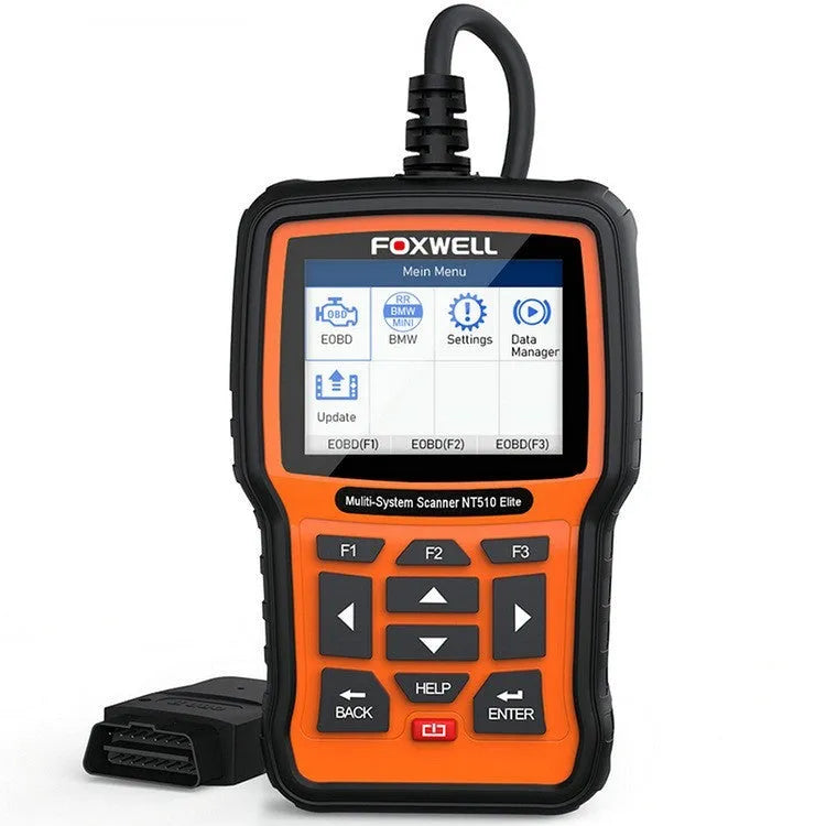 Orange and black Foxwell NT510 automotive diagnostic scanner with TFT screen and data cable for OBD2 vehicle fault detection.