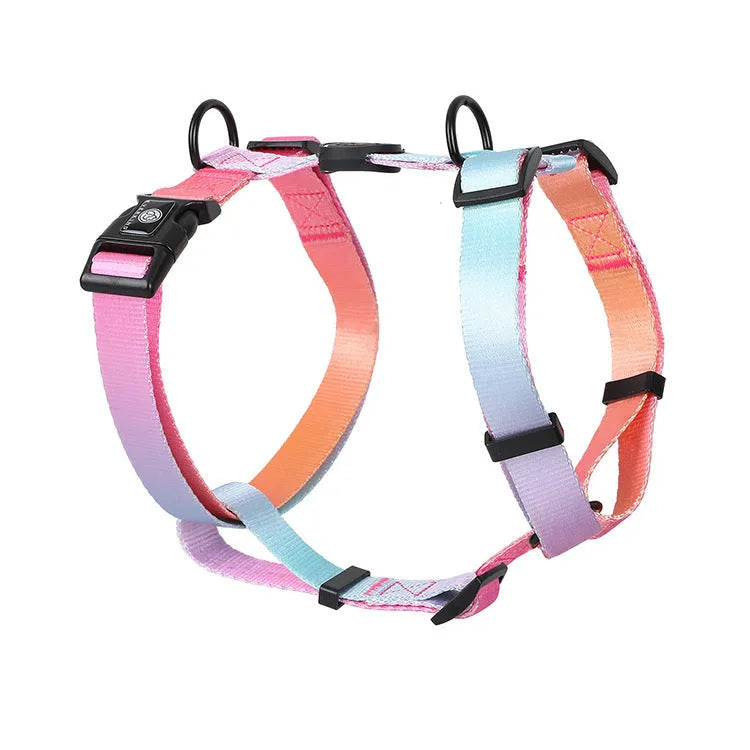 Gradient colour polyester dog harness in sizes S, M, L.