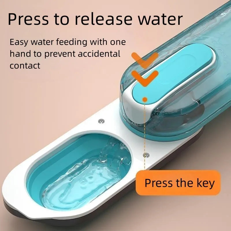 Portable plastic pet water bottle with fold-out drinking bowl in blue, grey, or pink colour.