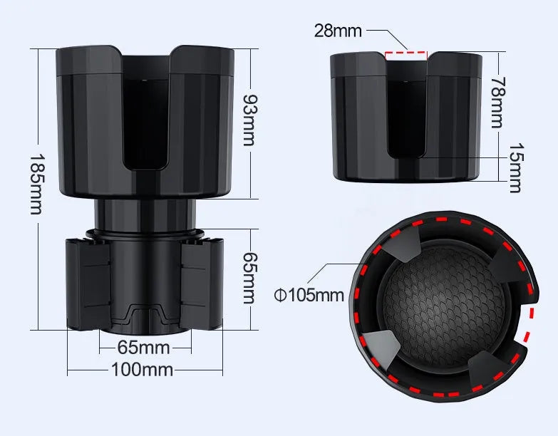 Matte black car cup holder expander with adjustable base for oversized bottles and cups