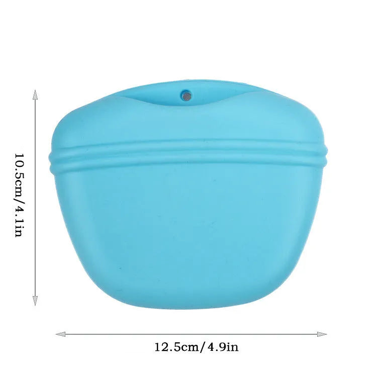 Silicone clip-on dog treat waist bag in colour choice, showing magnetic closure and belt clip.