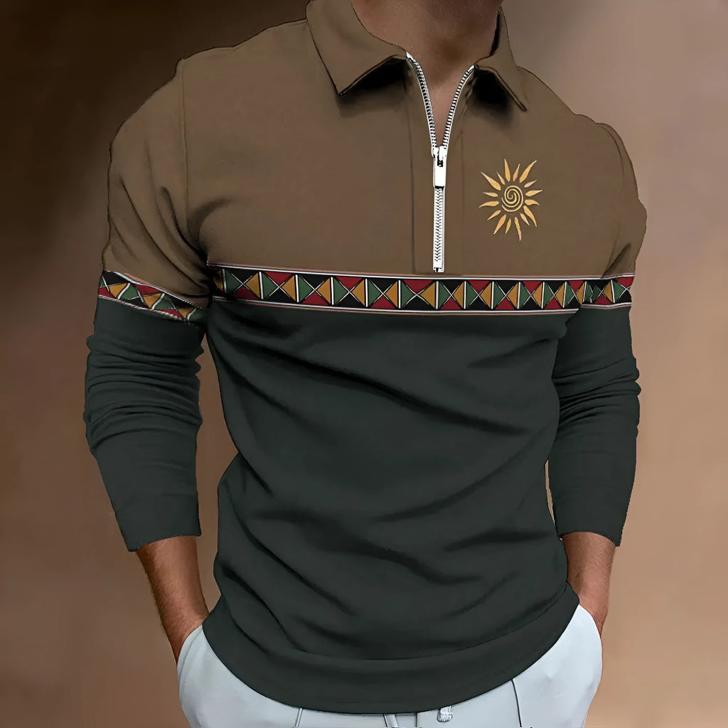 Man wearing a long sleeve retro stripe print golf top with zip details on a loose fit.