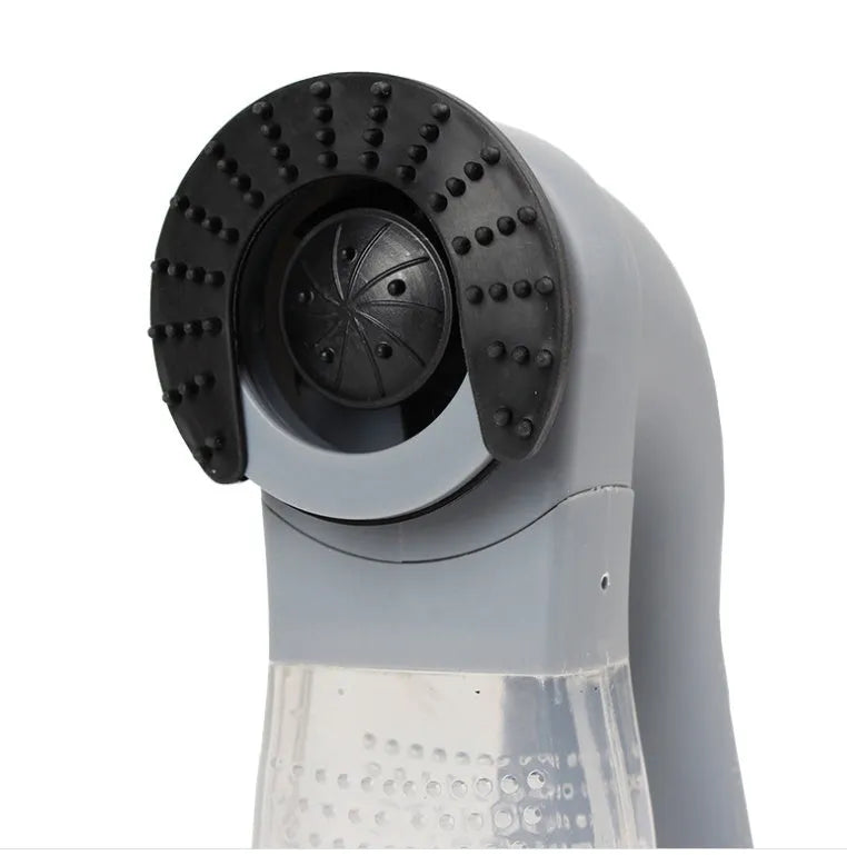 Grey portable pet hair vacuum cleaner with soft rubber head and large collection canister