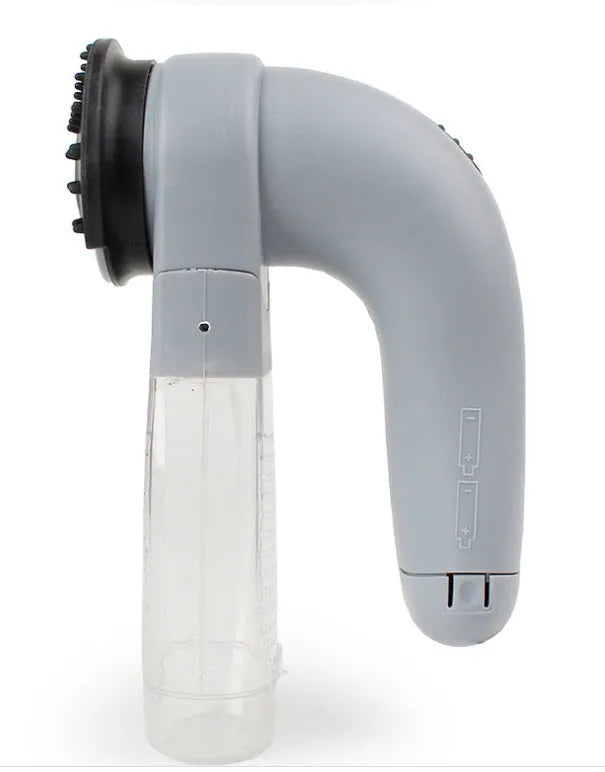 Grey portable pet hair vacuum cleaner with soft rubber head and large collection canister