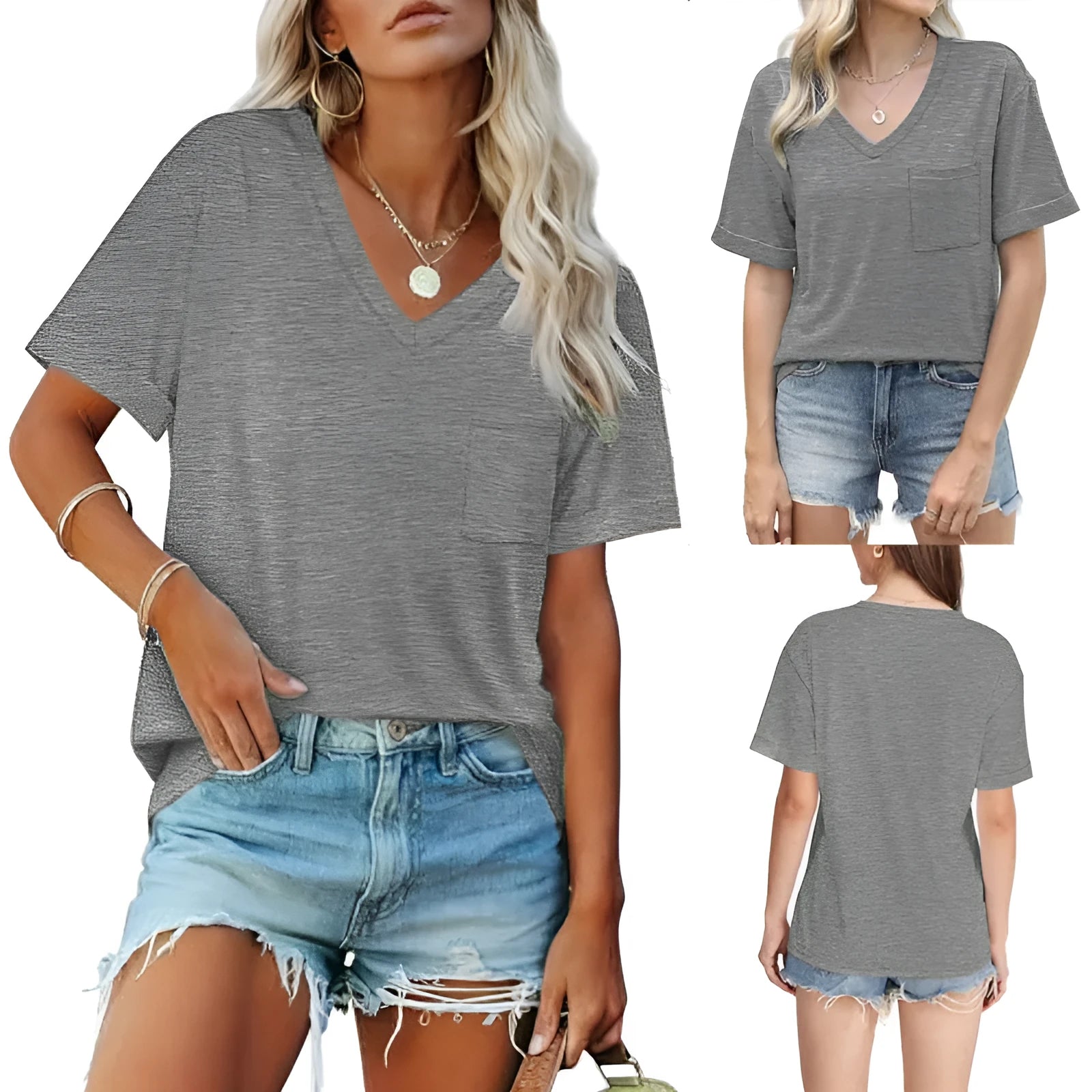 Grey loose V-neck T-shirt with chest pocket, short sleeve casual top