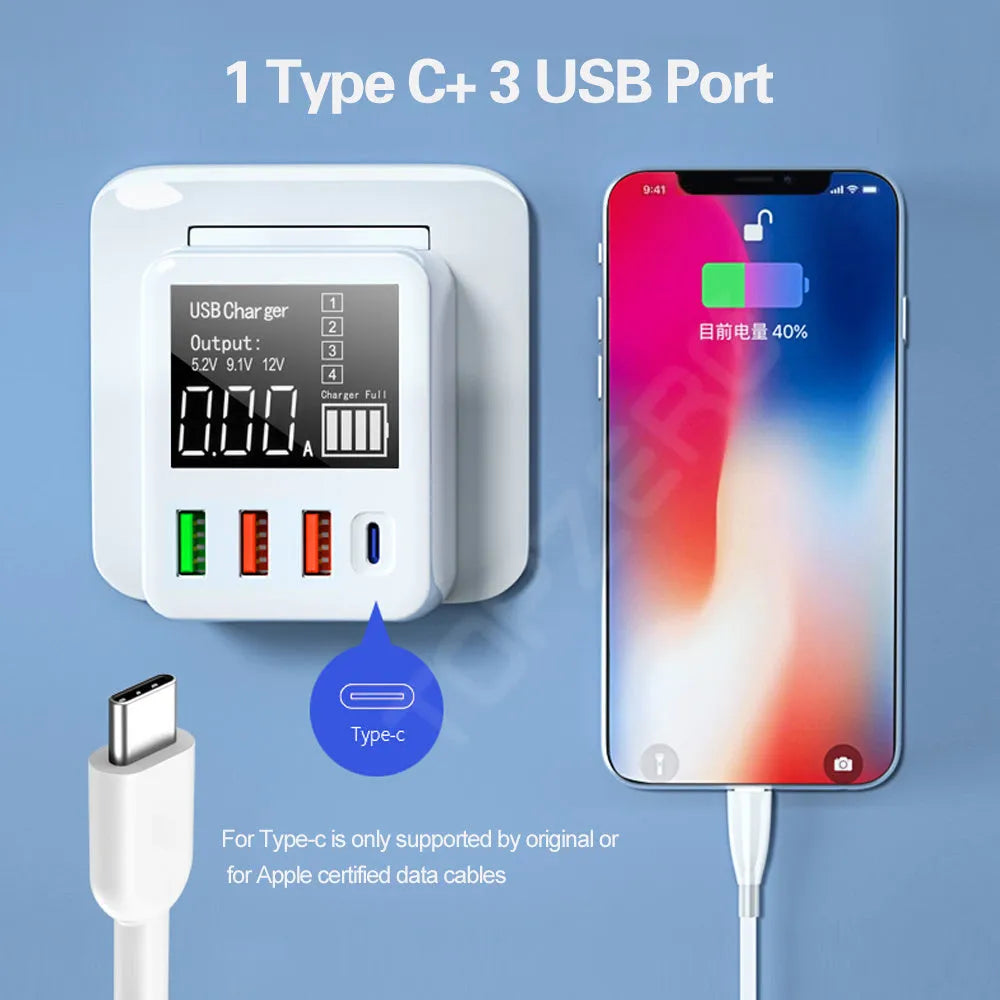 White 4-port fast travel charger with smart display, QC3.0 and PD3.0 ports, and UK plug.