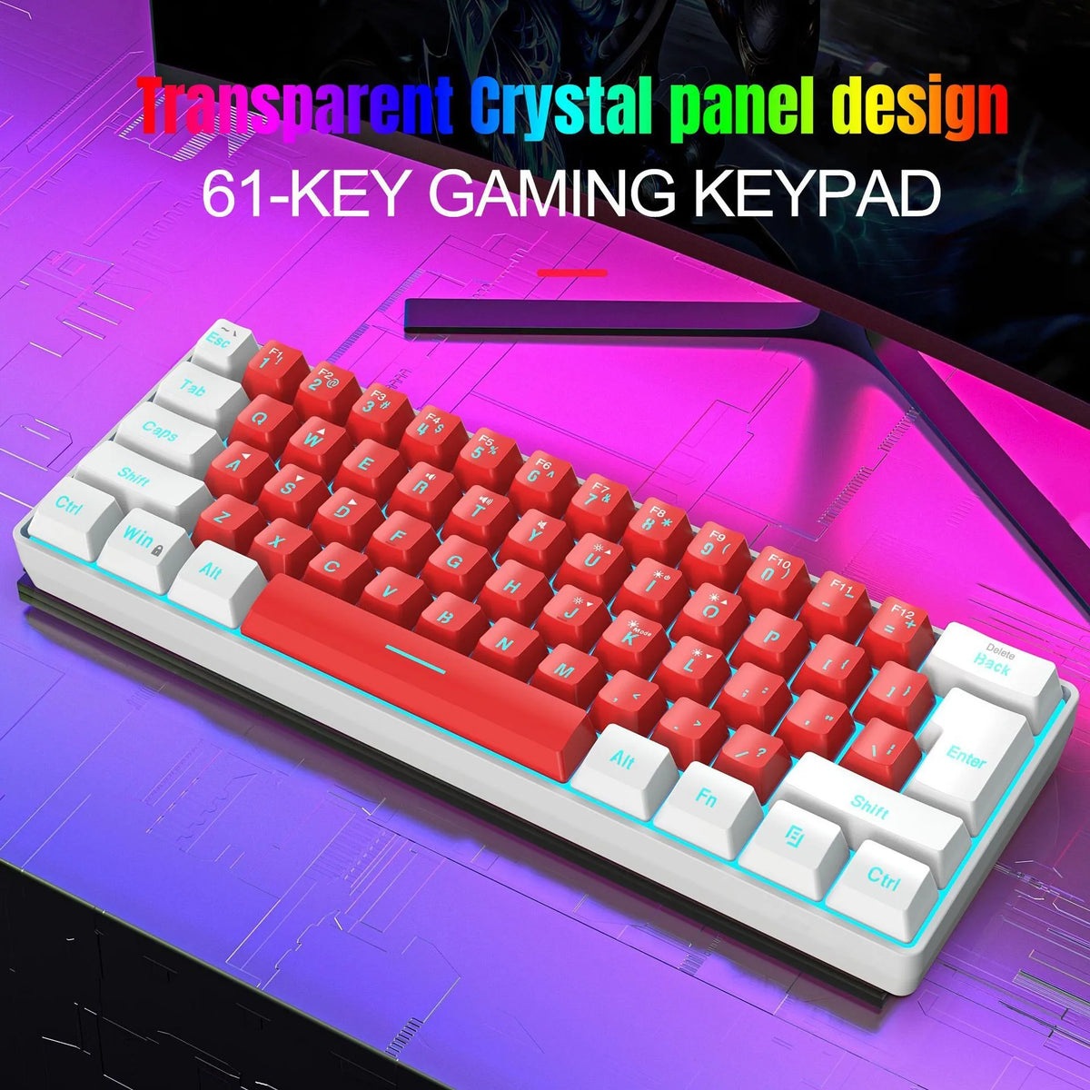 White and black 61 key wired membrane keyboard with compact design on desk