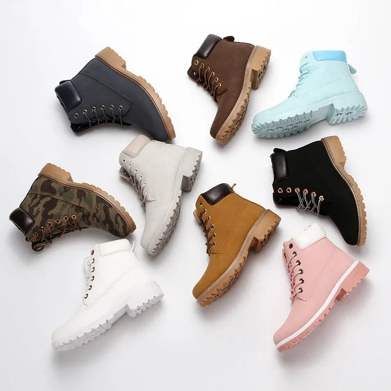 Men's pink Martin boots with velvet lining, round toe design and front lace-up closure