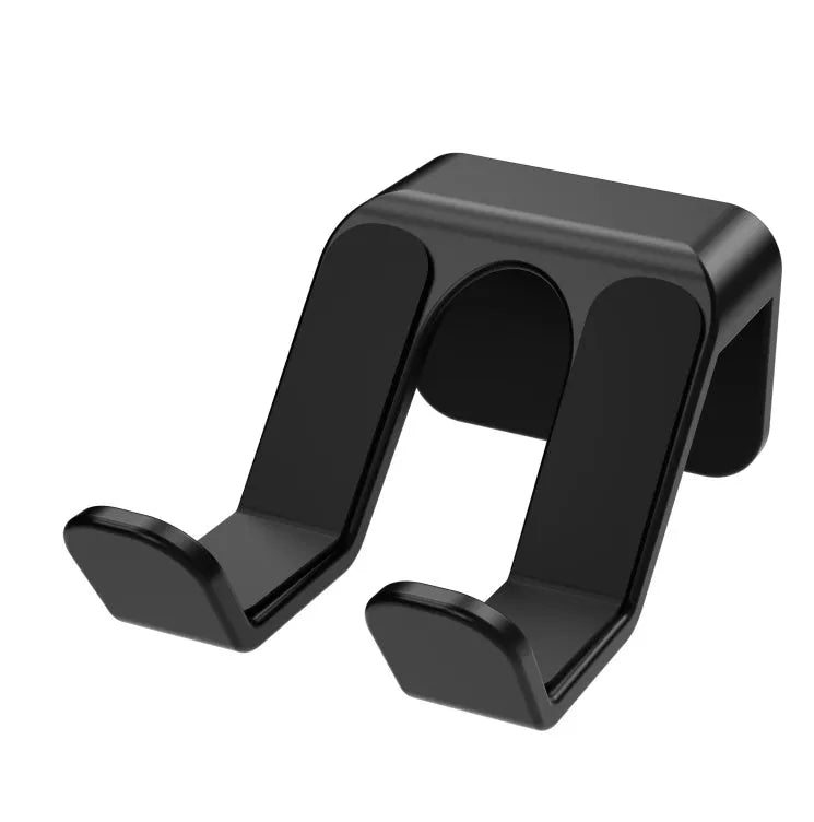 Black ABS plastic universal wall hanging rack for game controllers and headphones with adhesive glue.
