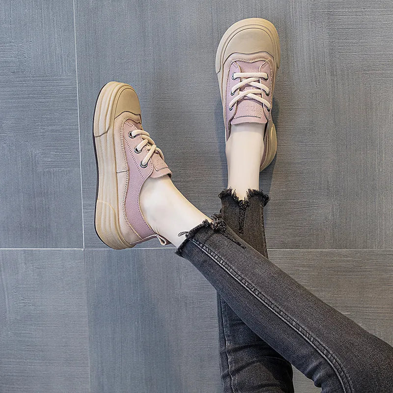 Women's low-top leather platform sneakers in matcha green, purple, or orange with round toe and front laces.