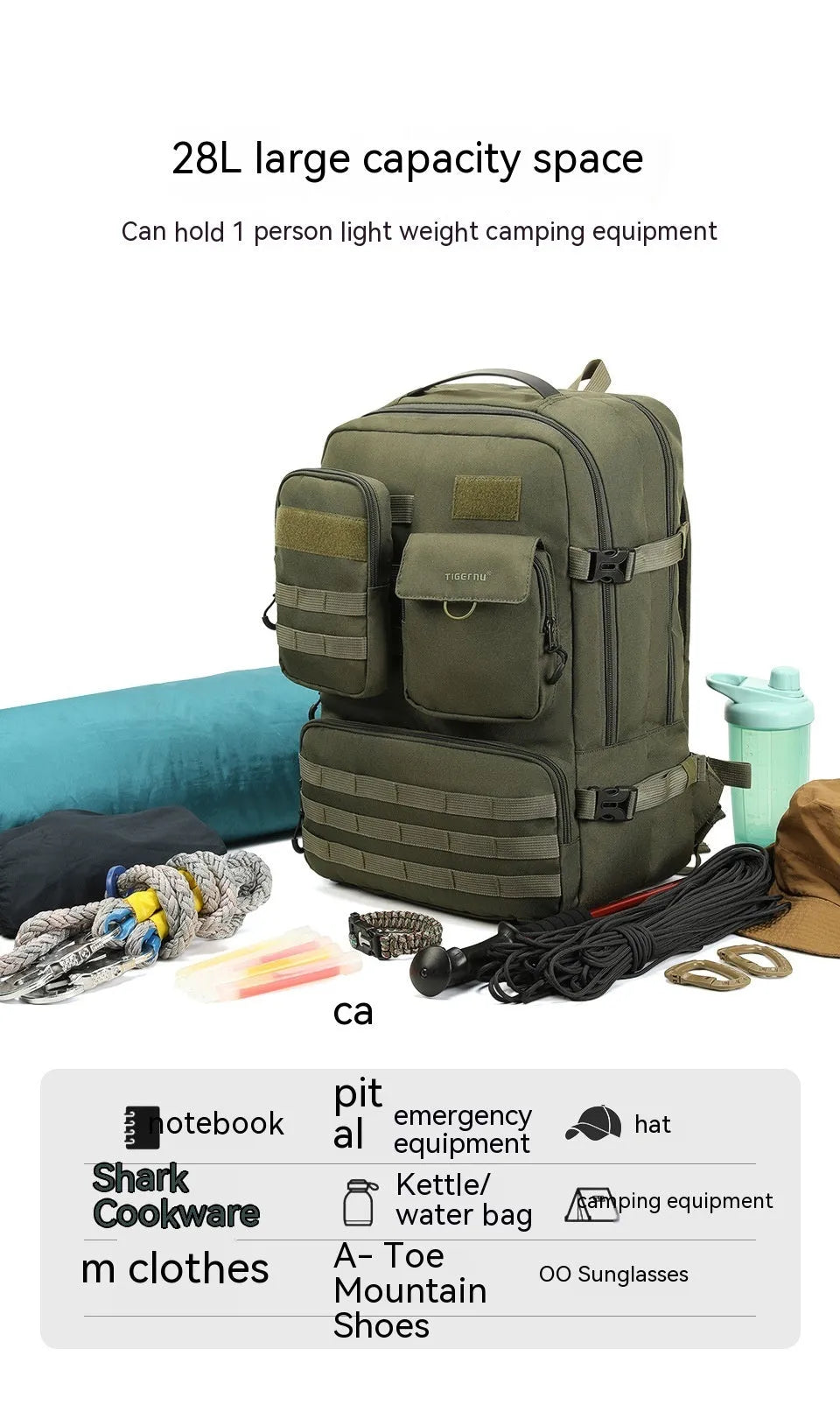 17-inch waterproof tactical backpack in army green colour with outdoor sports equipment