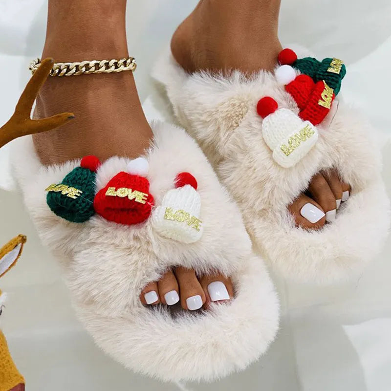 Women's Christmas hat design faux plush house slippers in black, khaki, and white.