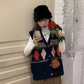 Loose sleeveless cardigan top with diamond plaid pattern in khaki, navy blue, or red colour