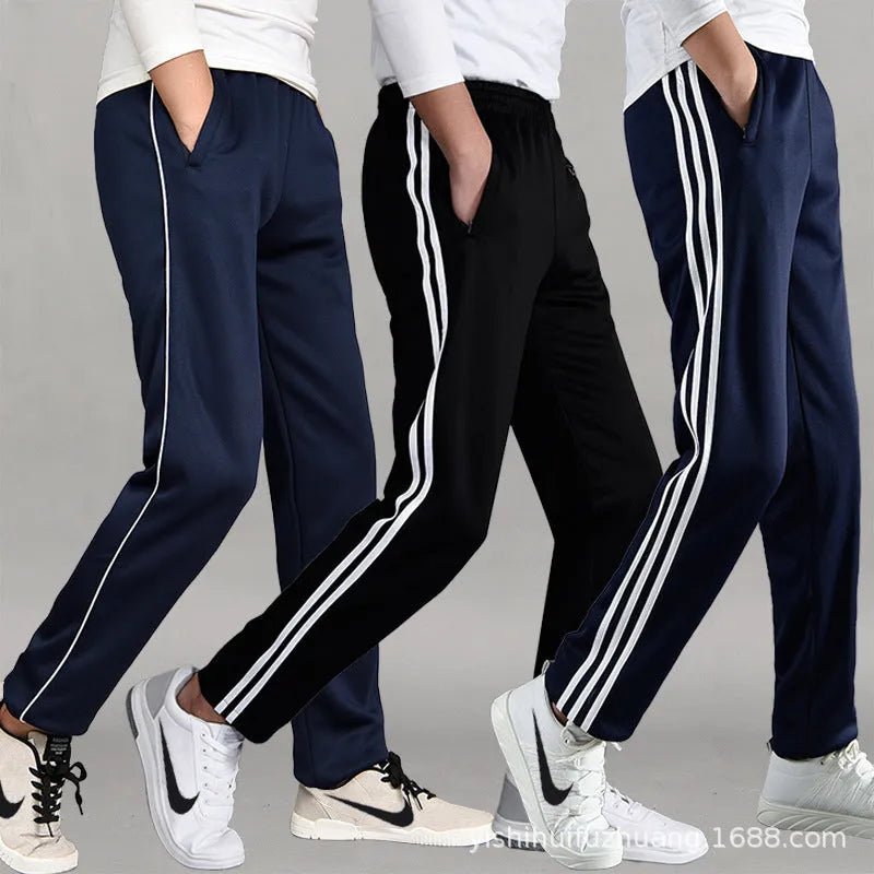 Black middle school uniform pants with two horizontal stripes, straight-leg, mid waist, sizes M-5XL