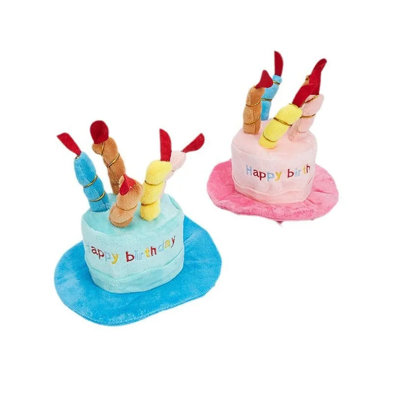 Blue and pink dog birthday hat shown with dimensions 21cm long by 15cm wide